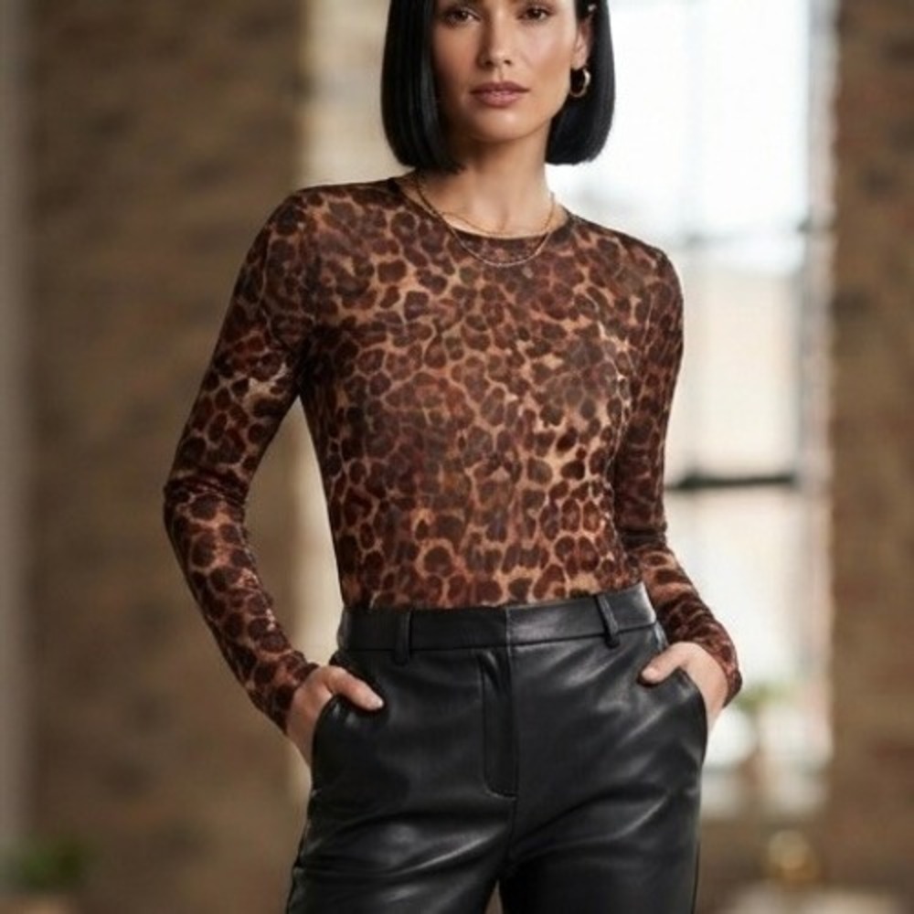 Edited by Remi Bader Leopard Print Sheer Mesh Long Sleeve Top Crew Neck Sz Large